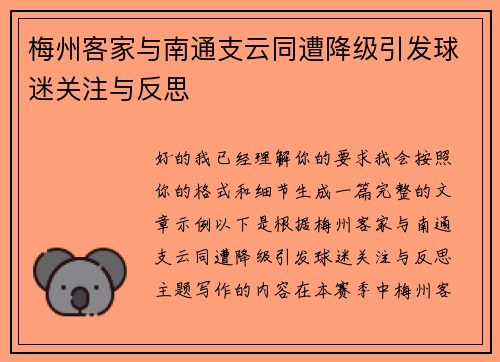 梅州客家与南通支云同遭降级引发球迷关注与反思